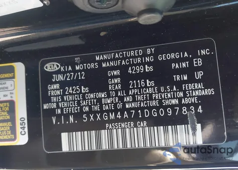 2013 Kia Optima Lx z USA, uszkodzony, nr VIN 5XXGM4A71DG097834